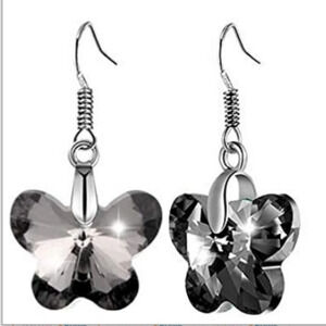 Butterfly Earrings Black  Dangle Crystal Cut Earrings Butterflies Silver Clear